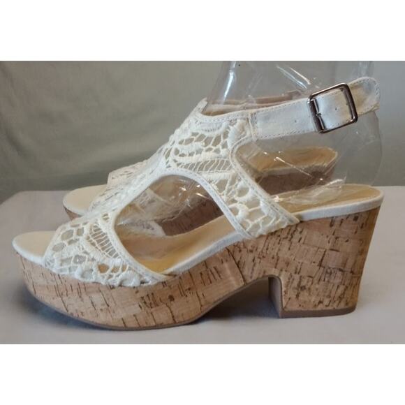 Skechers Shoes - Skechers Lace Wedge Sandals Womens 9 White Peep Toe Cross Strap Cork Block Heel